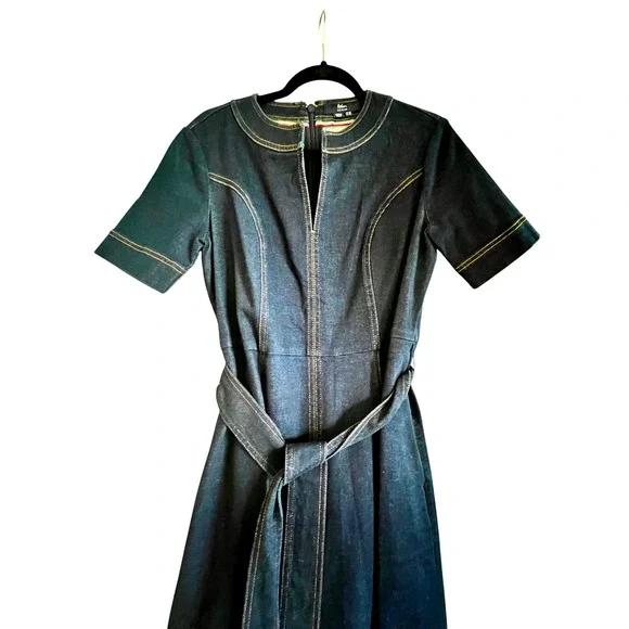 Boden Denim Dress Gold Stitching Pockets Belted Midi Vibrant Blue Wash Cotton - Picture 2 of 10